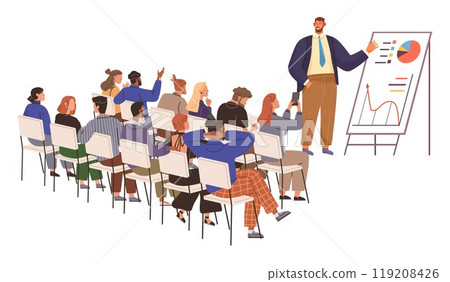 A speaker stands next to a flip chart presenting data to a seated audience. Attendees appear engaged, some raising hands to ask questions. Ideal for business, education, workshops, seminars, and team A speaker stands next to a flip chart presenting data to a seated audience. Attendees appear engaged, some raising hands to ask questions. Ideal for business, education, workshops, seminars, and team 119208426