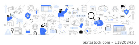 Cloud storage, saas cloud security. Ddos attack, cyber security, documents represent data management. Ideal for business processes, data analytics, ERP systems, CRM systems and project management 119208430