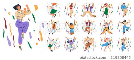 Celebration concept. A diverse group of people enjoying themselves, dancing, and jumping surrounded by colorful confetti. Ideal for party themes, multiculturalism, celebrations, joy, and festivals Celebration concept. A diverse group of people enjoying themselves, dancing, and jumping surrounded by colorful confetti. Ideal for party themes, multiculturalism, celebrations, joy, and festivals 119208445
