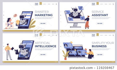 Four panels with robot illustrations highlighting AI in marketing, business, and customer service. Ideal for technology, automation, artificial intelligence, business solutions, and customer support Four panels with robot illustrations highlighting AI in marketing, business, and customer service. Ideal for technology, automation, artificial intelligence, business solutions, and customer support 119208467