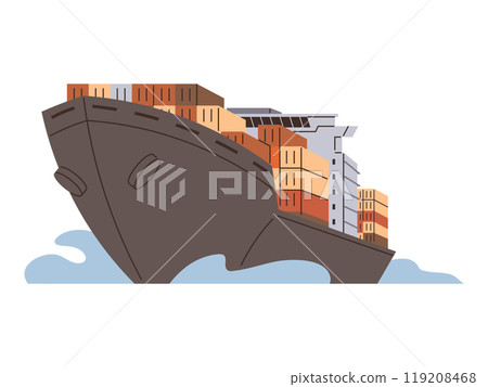 Cargo ship with containers in ocean. Delivery, transportation, shipping freight transportation. International sea logistic concept. Vessel port, export or import tanker shipping. Marine transport 119208468