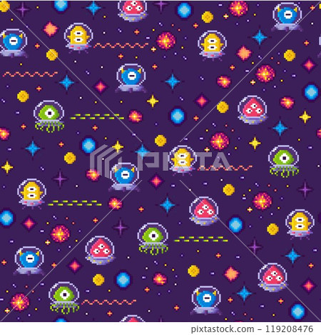 Cute alien characters and spaceships are arranged in a seamless pattern against a dark purple background with colorful stars and planets. Ideal for childrens designs, space themes, digital art, retro 119208476