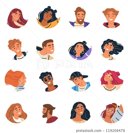 Various cartoon characters with different hairstyles and expressions against a white background Ideal for social media avatars website icons character design diversity representation and fashion Various cartoon characters with different hairstyles and expressions against a white background Ideal for social media avatars website icons character design diversity representation and fashion 119208478