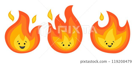 Three cute flame characters with happy faces in various expressions and poses. Ideal for kids themes, fire safety education, animations, and playful designs. Bright and cheerful style 119208479