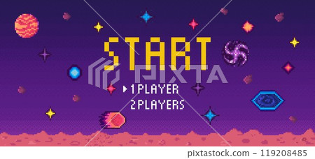 Retro start screen for a video game with pixel art style showcasing space elements like stars, planets, and galaxies, with options for 1 or 2 players. Ideal for gaming, space, 1980s nostalgia, retro 119208485