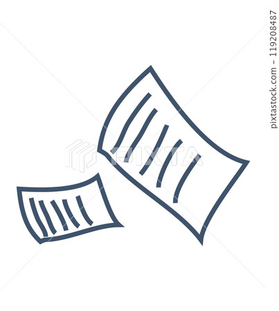 Two sheets of paper appear to be floating in mid-air with text lines. Ideal for office presentations, document themes, stationery design, educational materials, and minimalist artwork. Simple line 119208487
