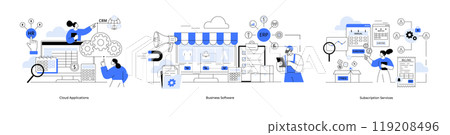 People interacting with cloud applications, business software, and subscription services. Ideal for digital transformation, business management, tech solutions, analytics and e-commerce. Blue metaphor 119208496
