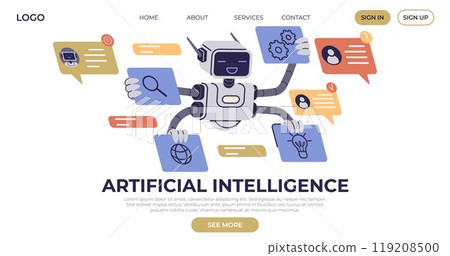 A robot with multiple arms manages various digital icons and speech bubbles, representing artificial intelligence and automation. Ideal for technology, innovation, machine learning, digital tools 119208500