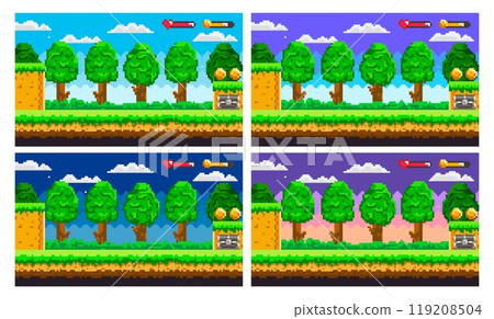 Four pixel art forest scenes set at different times of the day. Each scene contains trees, clouds, a grassy terrain, coins, and game interface elements. Ideal for game design, animation projects 119208504