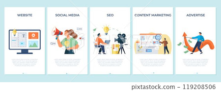Social media, seo, advertise, content marketing, website banners set. Digital management, business communication concept. Can use for web banner, infographics, hero images and promotion agency 119208506