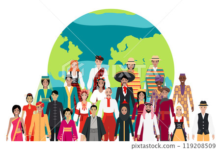 Diverse individuals in traditional attire from around the world against a globe background. For cultural diversity, global unity, tradition, multiculturalism, cultural representation, inclusion. 119208509