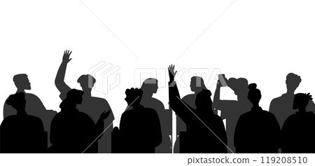 Silhouetted audience in a discussion or meeting setting with raised hands and various postures. Ideal for education, workshops, seminars, conferences, and group dynamics. Black and white, minimalist Silhouetted audience in a discussion or meeting setting with raised hands and various postures. Ideal for education, workshops, seminars, conferences, and group dynamics. Black and white, minimalist 119208510