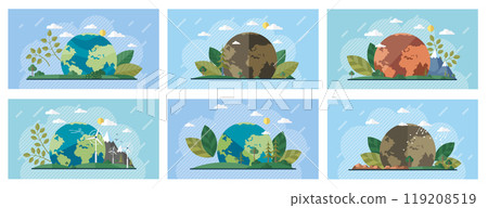 Series of 6 designs showing Earth in healthy vibrant green and degraded polluted states. Each scene includes plants clouds and sun. Ideal for environmental awareness climate change sustainability 119208519