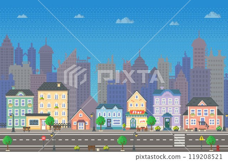 Pixel art city background with colorful houses, trees, a road with vehicles and a vibrant skyline of tall buildings. Ideal for urban themes, retro aesthetics, video games, city planning, educational 119208521