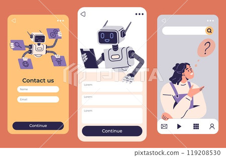 Three mobile app screens with robots assisting users in contact forms and browsing. Includes a search page, contact form, and chatbot interaction screen. Ideal for tech, communication, customer 119208530
