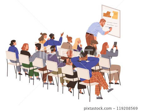 Group of students seated in rows attentively watching a teacher who is writing on a whiteboard. Students are diverse and some are taking notes or raising their hands. Ideal for education, seminars 119208569