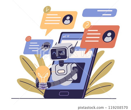A robotic figure appears from a smartphone screen, holding a glowing lightbulb. Speech bubbles with user icons signify communication. Ideal for technology AI robotics communication chat innovation A robotic figure appears from a smartphone screen, holding a glowing lightbulb. Speech bubbles with user icons signify communication. Ideal for technology AI robotics communication chat innovation 119208570
