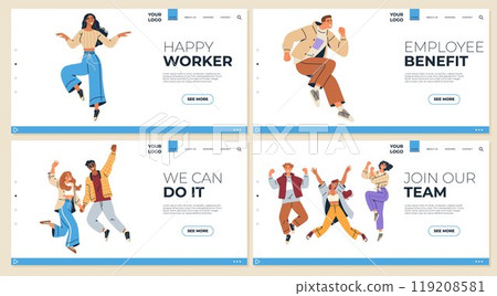 Collection of four vibrant scenes featuring diverse employees in dynamic poses. Ideal for employee satisfaction, team spirit, workplace culture, job offers, and company benefits. Colourful, joyful 119208581