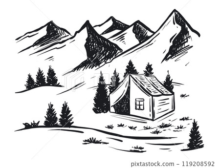 Camping in nature, Mountain landscape, sketch style, vector illustrations. Camping in nature, Mountain landscape, sketch style, vector illustrations. 119208592