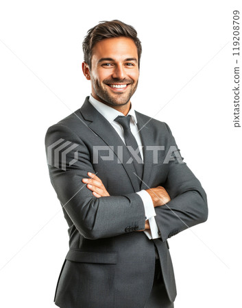 Confident businessman in a suit smiling with arms crossed against a plain background 119208709