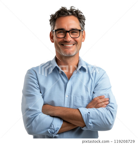 A smiling middle-aged man with glasses wears a blue shirt, arms crossed in a bright setting A smiling middle-aged man with glasses wears a blue shirt, arms crossed in a bright setting 119208729