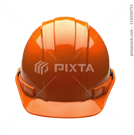 Bright orange safety helmet for construction workers placed on a white background 119208753
