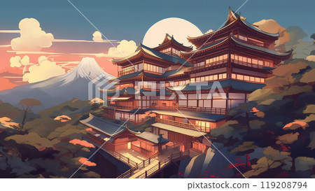 建在山上的大型日式旅館的插圖 119208794
