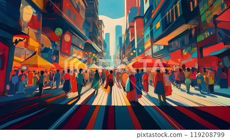 Illustration of a crowded city street with pedestrians Illustration of a crowded city street with pedestrians 119208799