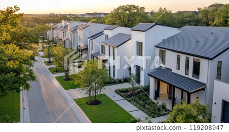 Modern residential neighborhood with contemporary houses surrounded by green landscaping at sunset 119208947