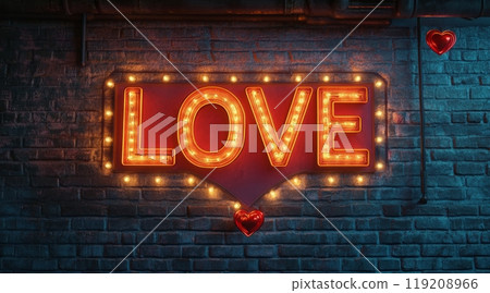 Bright neon love sign against a brick wall in an urban setting at night Bright neon love sign against a brick wall in an urban setting at night 119208966