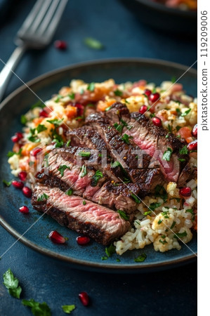 Grilled steak slices served with pomegranate quinoa salad on a blue plate 119209006