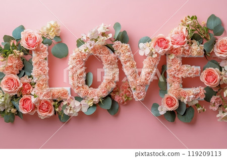 Colorful floral arrangement spelling out love on a pink background for a romantic occasion 119209113