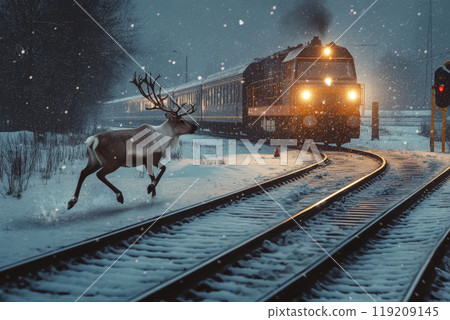 Reindeer suddenly ran out onto railroad tracks in front of an approaching train on winter night with low visibility. 119209145