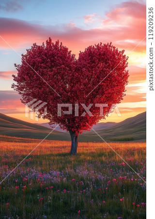 Heart shaped tree blossoms in a vibrant meadow at sunset 119209236
