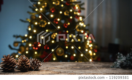 Wooden table under Christmas Tree Wooden table under Christmas Tree 119209381