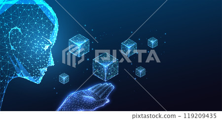 Decentralized systems concept. AI robotic head holding blockchain symbols on dark blue background.  119209435