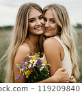 Beautiful American woman smiling and hugging 119209840