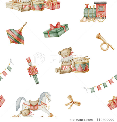 Toys seamless watercolor pattern. illustration of ornament with retro rocking horse and teddy bear for baby textile design or nursery wallpaper. Drawing of tile in red and green colors for Christmas. Toys seamless watercolor pattern. illustration of ornament with retro rocking horse and teddy bear for baby textile design or nursery wallpaper. Drawing of tile in red and green colors for Christmas. 119209999