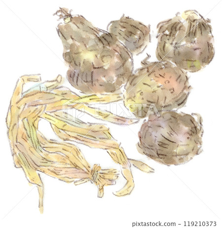 zuiki（乾芋頭莖）和芋頭的水彩插圖，秋冬食材 119210373