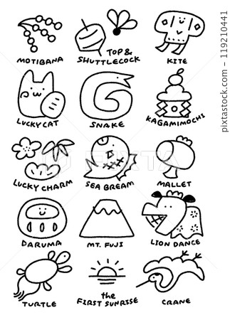 Illustration of a snake and New Year's lucky charms, New Year's material, English letters, line drawing, monochrome Illustration of a snake and New Year's lucky charms, New Year's material, English letters, line drawing, monochrome 119210441