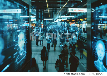 Crowded train station with digital screens showing facial recognition data 119210553