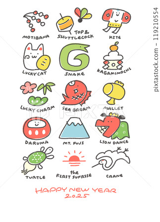 Cute New Year's card with snake and New Year's lucky charms 2025 English letters Hand-drawn Line drawing 119210554