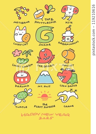 Cute New Year's card with snake and New Year's lucky charms 2025 English letters Hand-drawn Line drawing 119210616