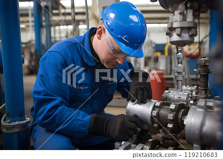 Focused maintenance work: oil and gas plant worker repairs pipeline valve safely Focused maintenance work: oil and gas plant worker repairs pipeline valve safely 119210683