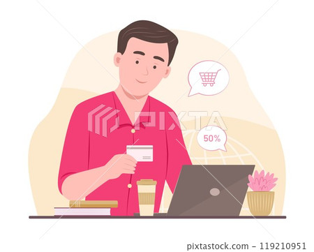Young Man Doing Online Shopping on Laptop for E-Commerce Concept Illustration Young Man Doing Online Shopping on Laptop for E-Commerce Concept Illustration 119210951