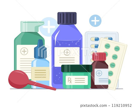Group of Medicine Bottles, Medicine Packs and Syringe Ball for Healthcare and Medical Concept Illustration Group of Medicine Bottles, Medicine Packs and Syringe Ball for Healthcare and Medical Concept Illustration 119210952