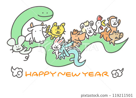 New Year's card with a cute zodiac animal riding a snake, 2025, line drawing, hand-drawn New Year's card with a cute zodiac animal riding a snake, 2025, line drawing, hand-drawn 119211501