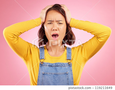 Wow, surprised and portrait of woman in studio, confused face with doubt and fear on pink background. Shock facial expression, frustrated gesture and alarm emoji for asian girl in casual fashion. Wow, surprised and portrait of woman in studio, confused face with doubt and fear on pink background. Shock facial expression, frustrated gesture and alarm emoji for asian girl in casual fashion. 119211649