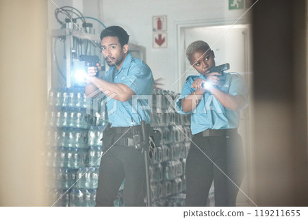Police, man and woman with gun, investigation and inspection with torch, focus and search for criminal. Security team, justice and stop crime with pistol, law enforcement and government job in night Police, man and woman with gun, investigation and inspection with torch, focus and search for criminal. Security team, justice and stop crime with pistol, law enforcement and government job in night 119211655