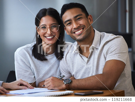 Portrait, contract and couple with documents, sign for insurance and medical aid with consultant. Face, man and woman with paperwork, financial planning and agreement for marriage with love and smile 119211668
